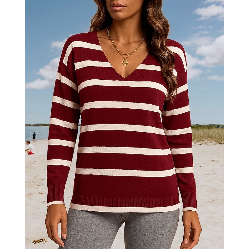 Women's Pullover Sweatshirt Casual Tops Long Sleeve Top Casual Athleisure Fall V Neck Stripes Outdoor Travel Sports Sportswear Activewear Wine Red Black White4