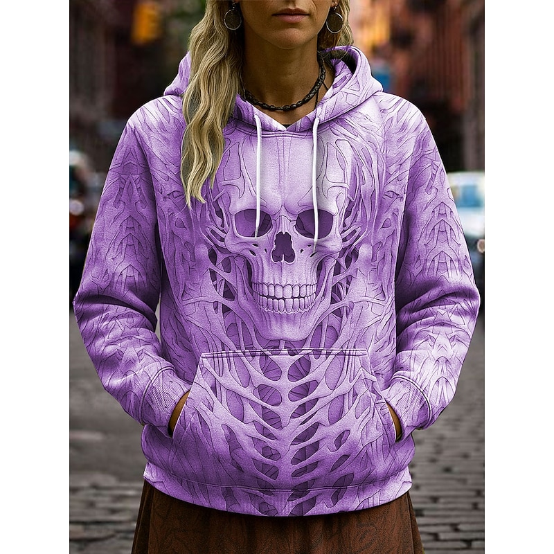 Halloween Women's Pullover Hoodie Sweatshirt Skulls Graphic Casual Long Sleeve Hooded Regular Tops Party Evening Wear Street Dailywear White Pink Blue Purple Khaki Spring Fall Winter4