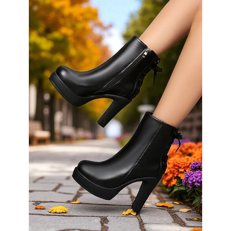 Women's Black Faux Leather Platform Ankle Boots – High Heel Side Zip Lace-Up Back Dress Booties for Party, Night Out and Fall Fashion3