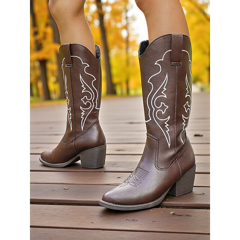 Women's Mocha Brown Western Cowboy Boots with White Embroidered Details and Block Heels, Bohemian Western Style Footwear3