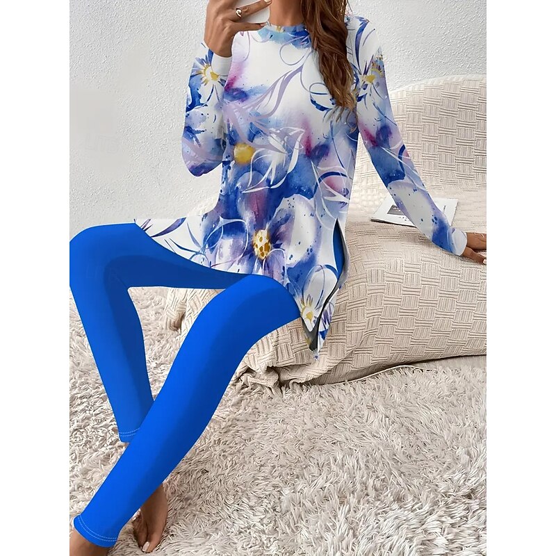 Women's Pajama Set Loungewear Round Neck Long Sleeve Casual Fashion Pants Sets Floral Graphic Print Daily Daily Blue Purple Regular Fit