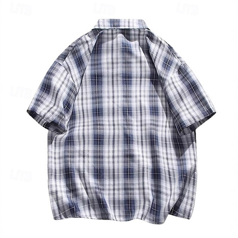 Men's Shirt Summer Shirt Casual Shirt Beach Shirt Button Up Shirt Navy Blue Apricot Short Sleeve Plaid Lapel Vacation Hawaiian Pocket Clothing Apparel Fashion Casual Comfortable4