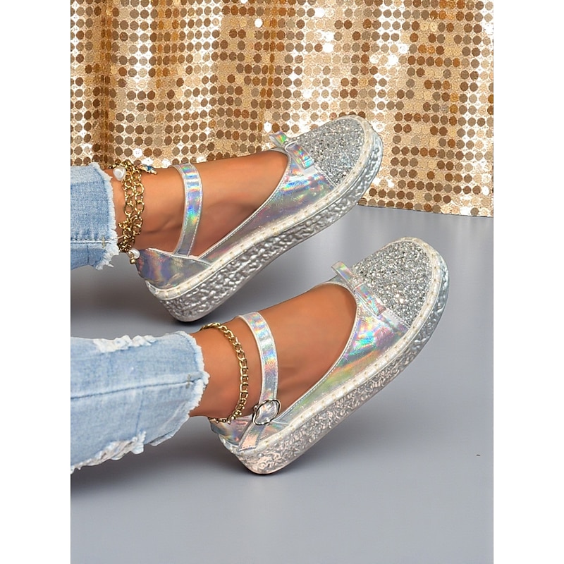 Women's Holographic Glitter Mary Jane Platform Shoes, Trendy Nightlife Party Flats with Bow Detail3