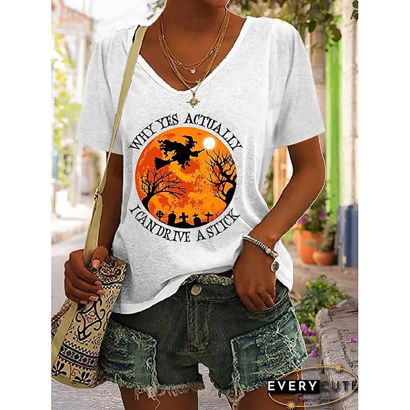 Halloween Women's T shirt Witch Graphic Letter Vintage Stylish Classic Short Sleeve V Neck Regular Tops Daily Print Black White Blue Green Gray Summer Spring3