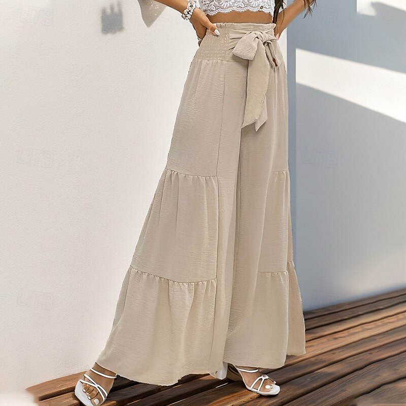 Women's Flare Elegant Vacation Vintage Full Length Mid Waist Solid Color Plain Ruffle Patchwork Stretchy Outdoor Vacation Home Apricot Summer Spring Fall Loose Fit3