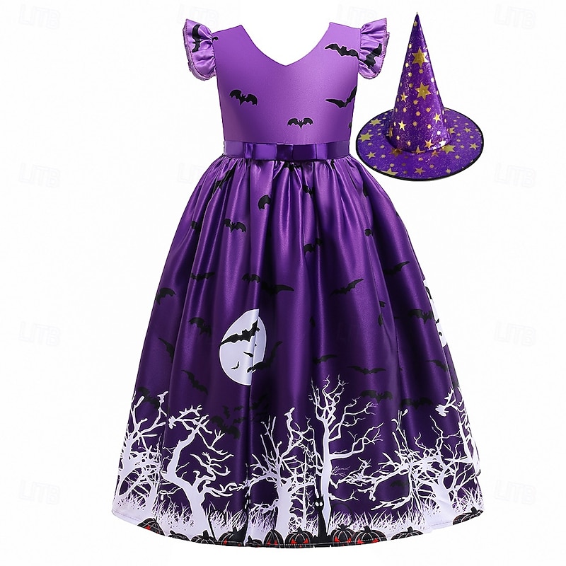 Kids Girls' Party Dress Graphic Geometric Sleeveless Special Occasion Halloween Party Princess Polyester Party Dress Summer Spring 3-12 Years Multicolor Purple