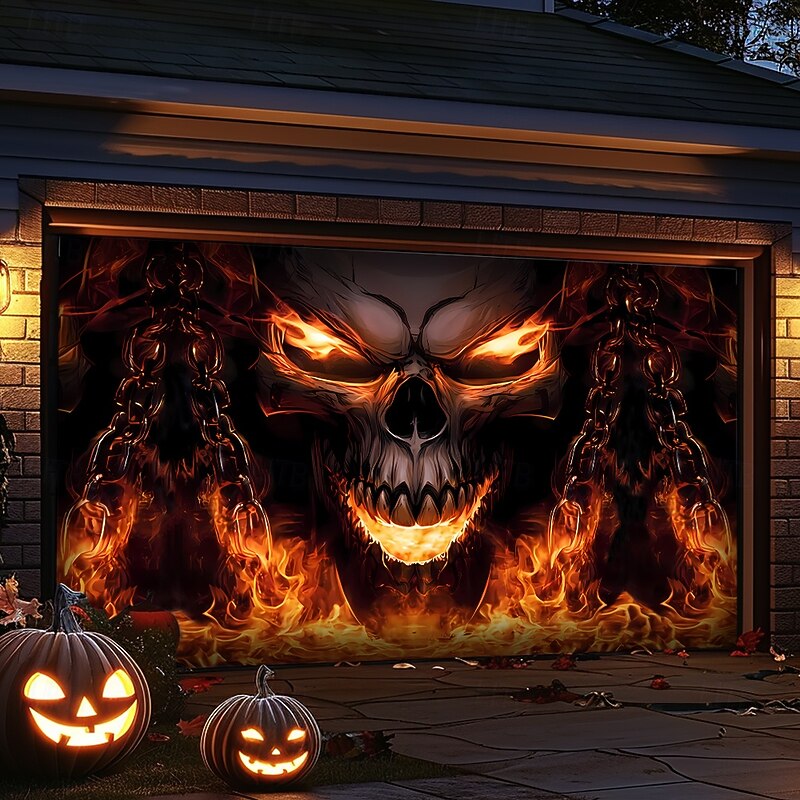 Halloween Garage Door Cover Large Hanging Backdrop Flame Car Dark Punk Gothic Style Party Outdoor Shooting Backgrounds Yard Haunted House Home Decor3