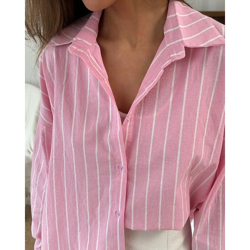 Women's Shirt Blouse Striped Modern Casual Long Sleeve Shirt Collar Regular Tops Daily Holiday Going out Buttons Pink Dusty Blue Light Blue Fall2