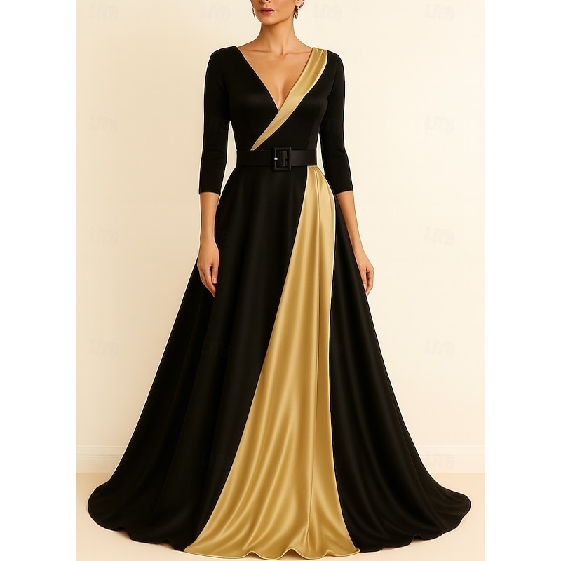 Black Gold A-Line Evening Gown Elegant Dress Formal Wedding Floor Length Long Sleeve V Neck Pocket Satin with Pleats 20254