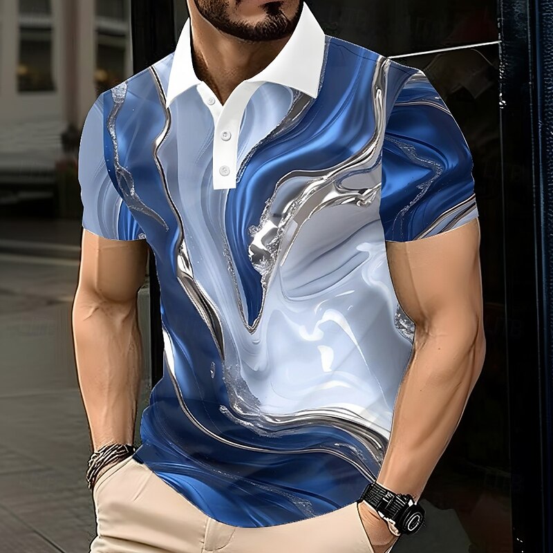 Men's Abstract Marble Polo Short Sleeve Polo Shirts Lapel Business Casual Athleisure Daily Wear 3D Print Buttons Summer Blue Gold Green