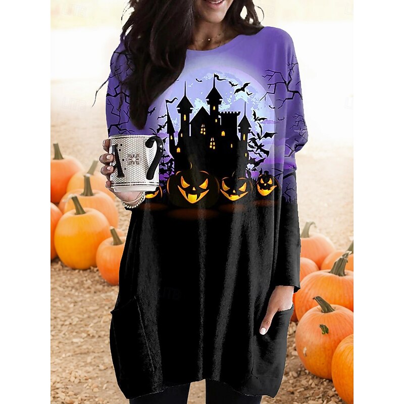 Halloween Women's T shirt Bat Graphic Vintage Fashion Trendy Long Sleeve Crew Neck Long Tops Daily Going out Weekend Pocket Print Pink Blue Purple Orange Spring Fall3