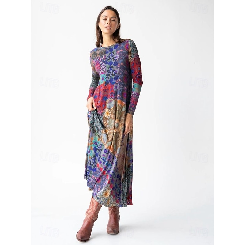 Women's Maxi Dress Sheath Dress T Shirt Dress Tee Dress Vacation Casual Boho Holiday Date Regular Fit Floral Graphic Geometric Long Sleeve Crew Neck Deep Purple Pink Red Blue Spring Fall2