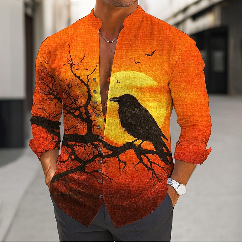 Halloween Men's Spooky Moon Crow Halloween Costumes Shirt Stand Collar Shirt Long Sleeve Dark Gothic Style Outdoor Holiday Spring Fall Mandarin Collar Band Collar Button-Down Linen Like Shirt Blue
