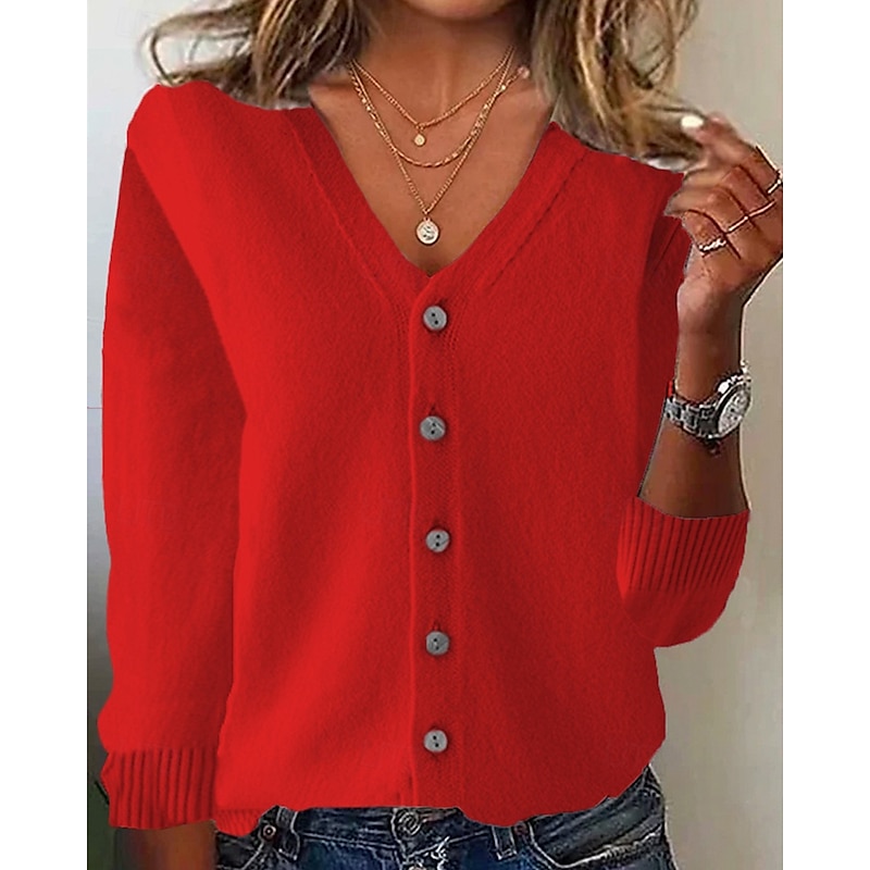 Women's Sweater Cardigan Fashion Streetwear Daily Solid Color Ribbed V Neck Knitted Long Sleeve Regular Tops Knit Holiday Going out Weekend Black White Fall Winter4