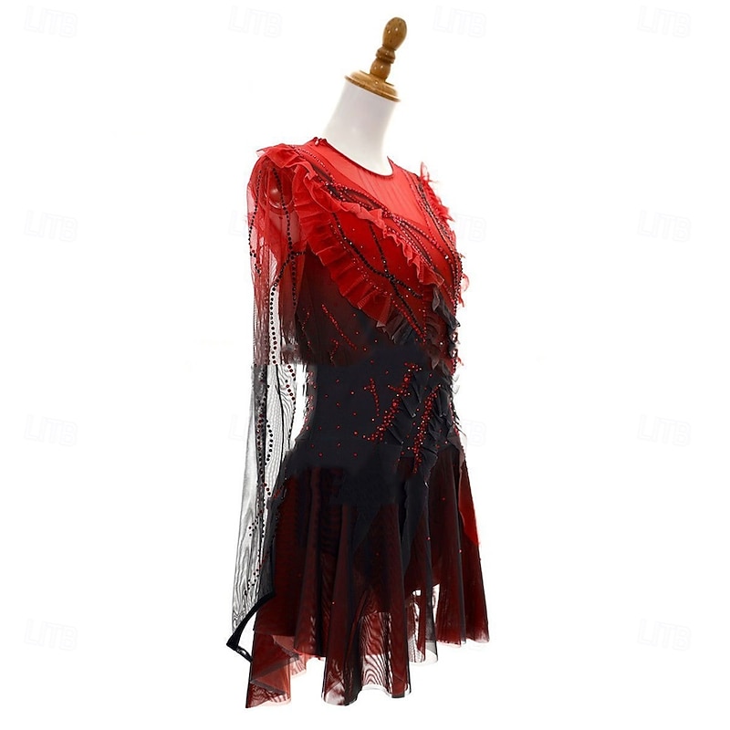 Figure Skating Dress Women's Girls' Ice Skating Dress Black+Red Open Back Asymmetric Hem Mesh High Elasticity Training Competition Skating Wear Classic Crystal / Rhinestone Long Sleeve Ice Skating Figure3