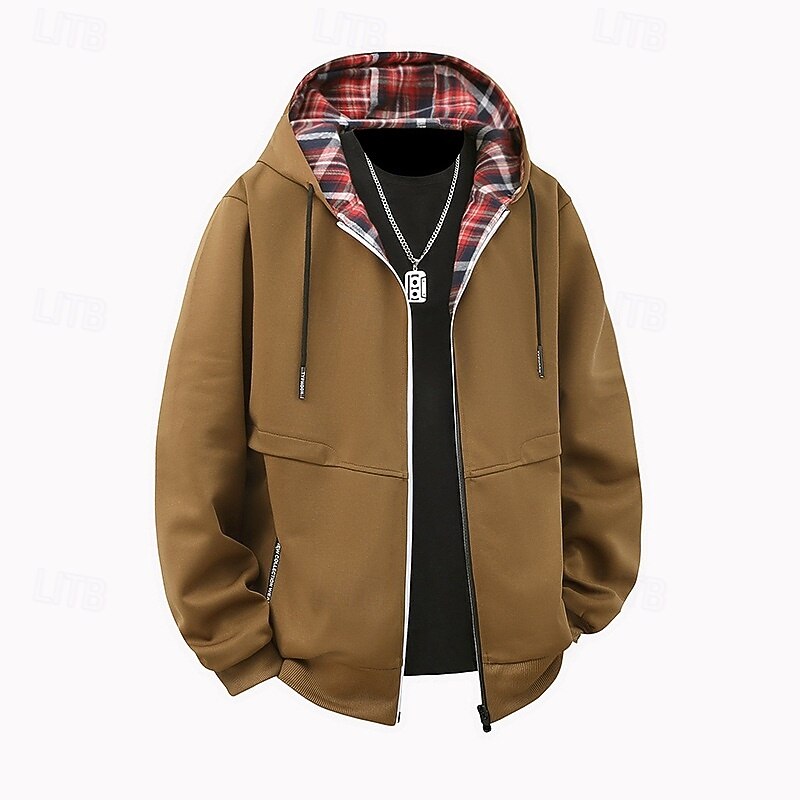 Men's Hoodie Full Zip Hoodie Wine Red Black Brown Khaki Light Grey Hooded Plain Patchwork Sports & Outdoor Casual Daily Streetwear Cool Sportswear Spring &  Fall Clothing Apparel Hoodies Sweatshirts