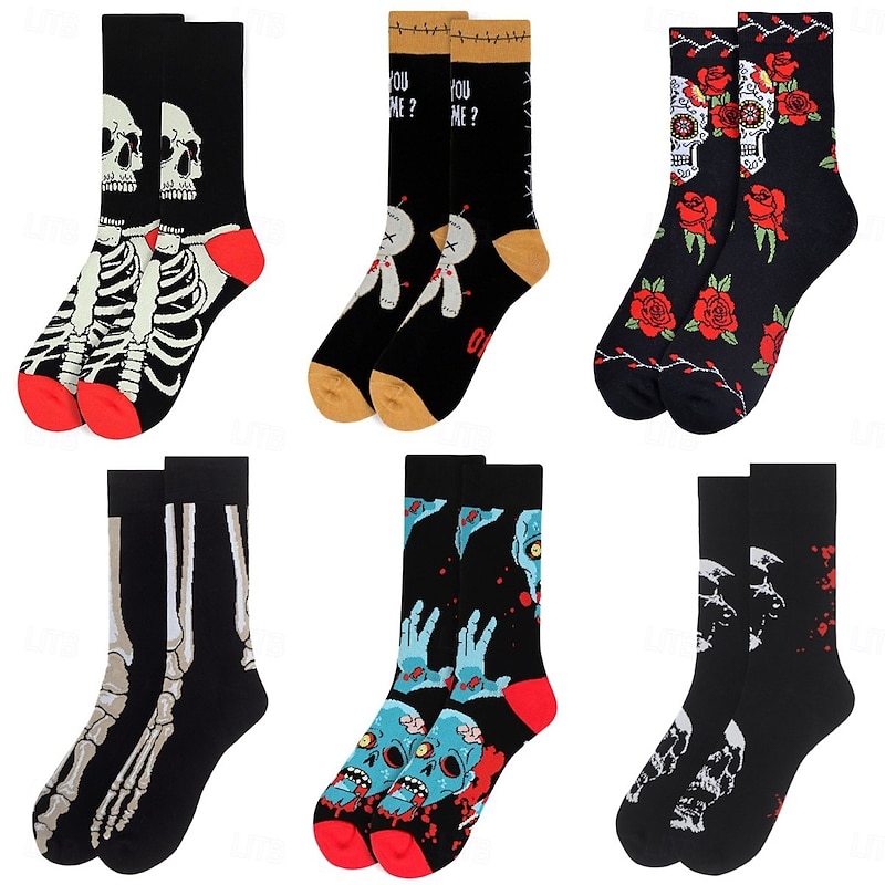 New Halloween Fun Skull Jacquard Socks, Unisex Cotton Streetwear Socks, Mid-to-High Crew Socks for Skateboarding and Casual Wear