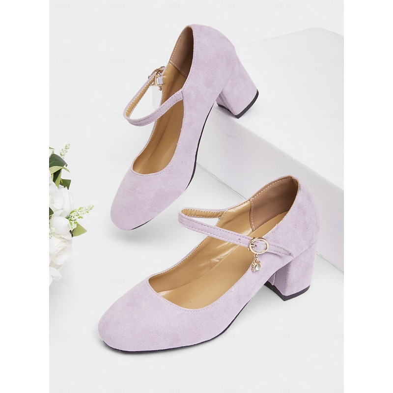 Women's Lilac Suede Mary Jane Block Heel Pumps – 1950s Vintage Style Round Toe Dress Shoes with Ankle Strap for Weddings, Parties, and Retro-Inspired Outfits2