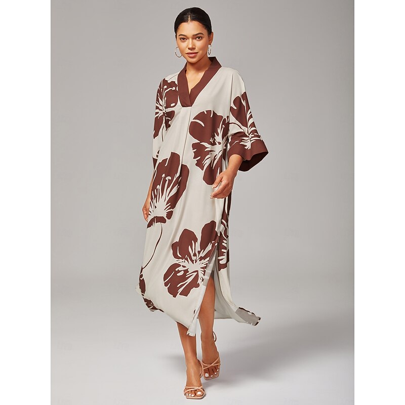 Women Female Casual Dress Brown Short Sleeves 3/4 Sleeve Floral Summer Spring All Seasons V Neck Modern XS S M4