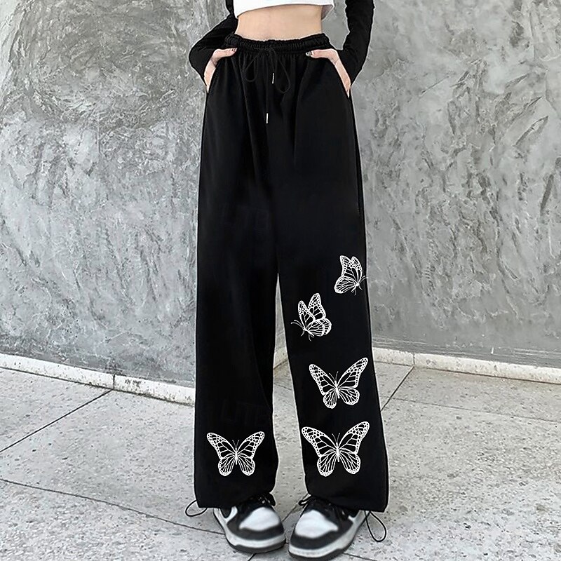 Women's Wide Leg Pants Sport  Sweatpants Sports Lounge Pants Pocket High Waist Bottoms Athleisure Gym Workout Fall Fashion Outdoor Sports Running Loose Fit Sportswear Activewear Butterfly Black White