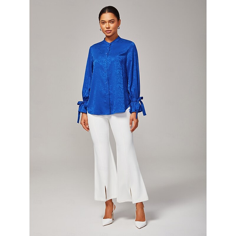 Women's Royal Blue Satin Shirt Subtle Jacquard Lustrous Satin Mini Stand Collar Bow Tie Strap Elegant Stylish Daily Work Fall2