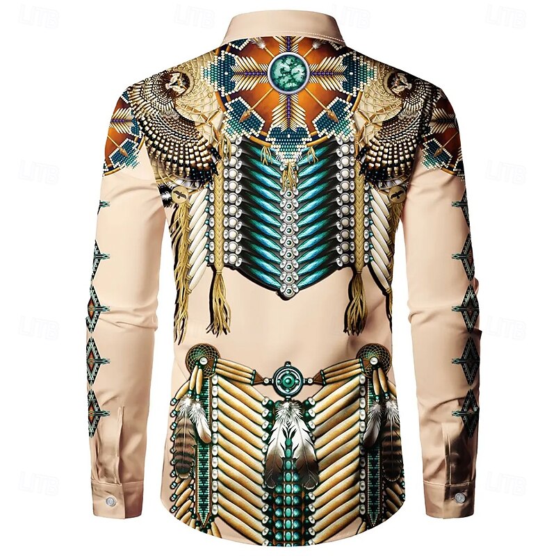 Men's Feathers Ethnic Indian Culture Shirt Button Up Shirt Casual Dress Shirt Long Sleeve Vintage Retro Vacation Daily Streetwear Summer Spring Turndown 3D Print Collared Shirts Khaki2
