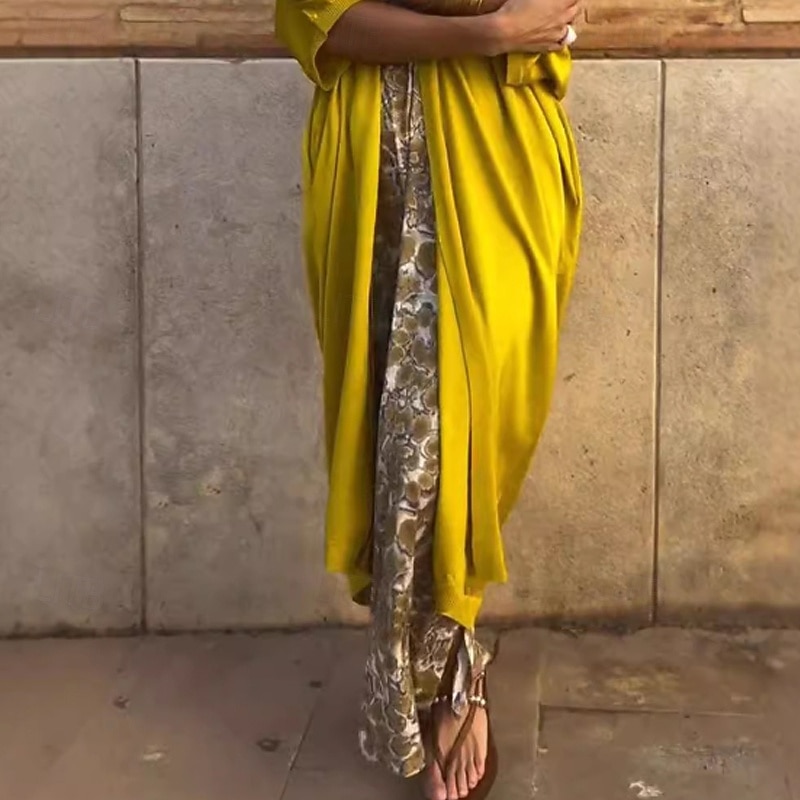 Women's Long Dress Maxi Dress Dress Set Classic Outdoor Vacation Holiday Regular Fit Floral 3/4 Length Sleeve Crew Neck Gold Fall3