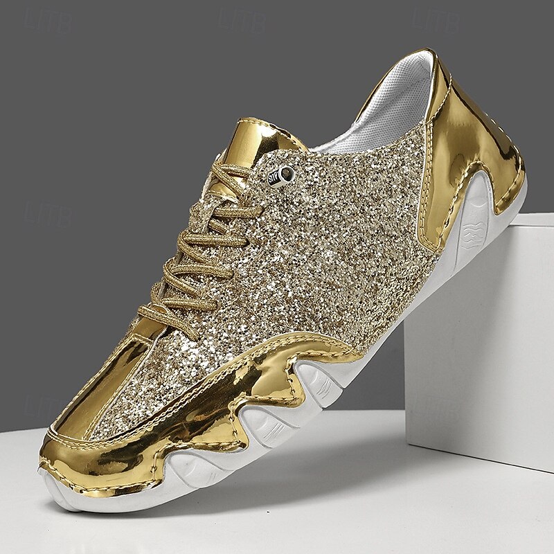 Men's Gold Glitter Sneakers – Fashion Shiny Casual Shoes for Parties, Clubbing and Stage Performance