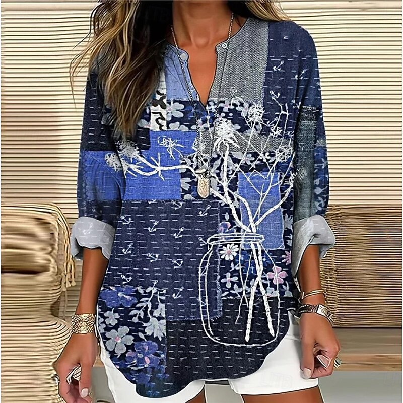 Women's Blouse Tunic V Neck Long Sleeve Boho Casual Graphic Geometric Color Block Elegant Bohemia Vintage Regular Tops Daily Wear Print Denim Blue Blue Sky Blue Green4