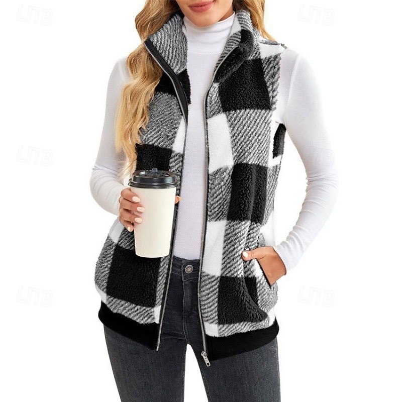 Women's Vest Comfortable Zipper Pocket Casual Plaid Street Holiday Zipper Regular Turndown Regular Fit Sleeveless Outerwear Black Red Green Fall Winter