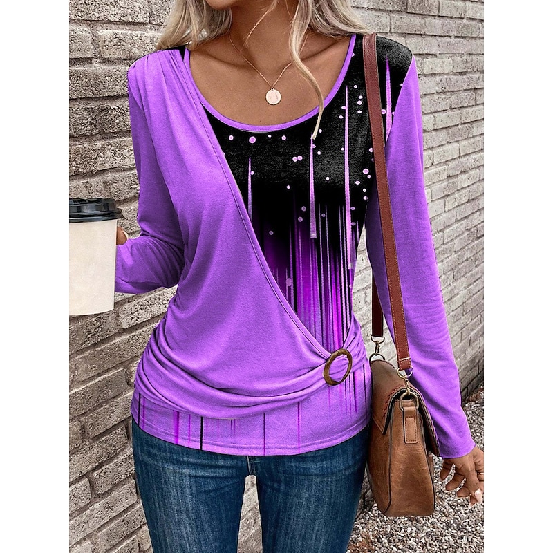 Women's T Shirt Graphic Geometric Gradient Vintage Stylish Modern Long Sleeve Crew Neck Regular Tops Daily Patchwork Print Pink Blue Purple Green Spring Fall Winter3