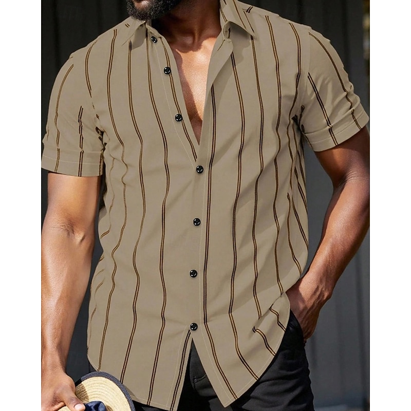 Men's Shirt Summer Shirt Casual Shirt Beach Shirt Button Up Shirt Black Light Green Royal Blue Green khaki Short Sleeve Stripe Lapel Vacation Hawaiian Clothing Apparel Polyester Fashion Casual3