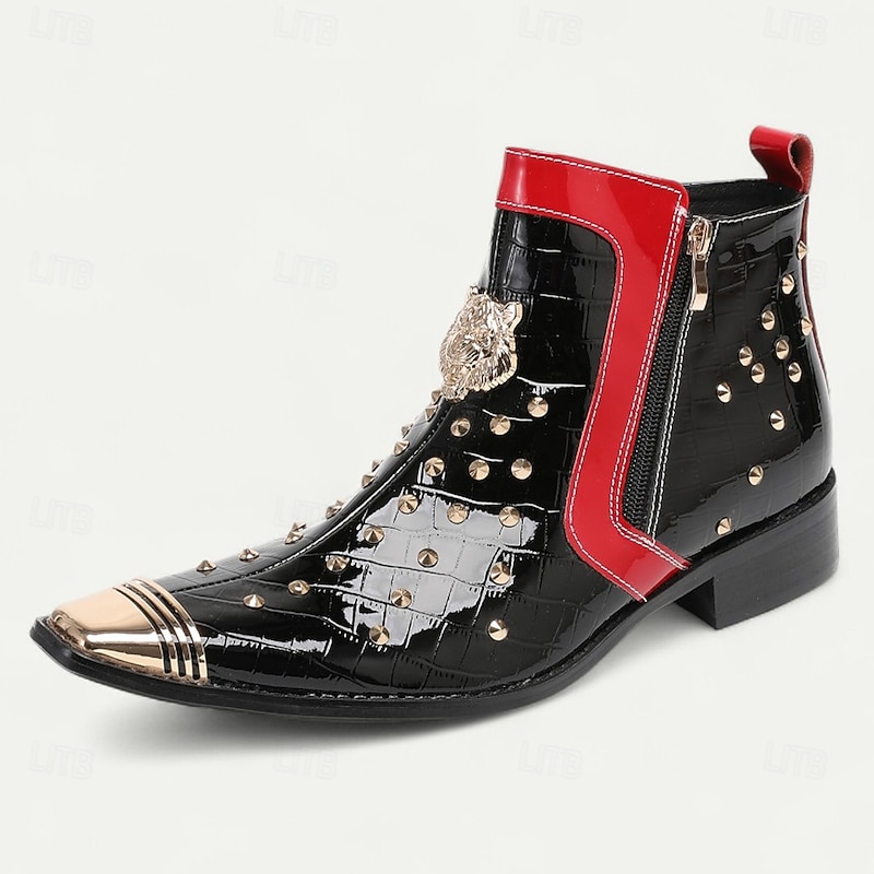 Men's Black and Red Patent Leather Cowboy Boots with Metal Studs – Gothic Punk Western Style Festival & Stage Shoes2