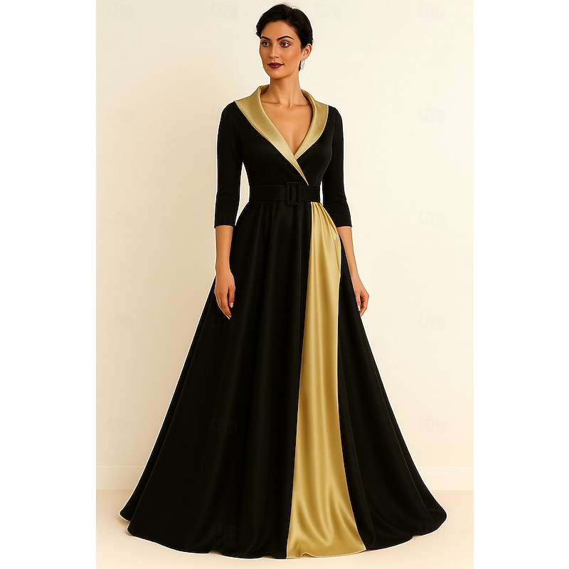 Tuxedo Dress A-Line Formal Wedding Wedding Guest Satin Elegant Color Block Short Sleeve Floor Length Shawl Lapel