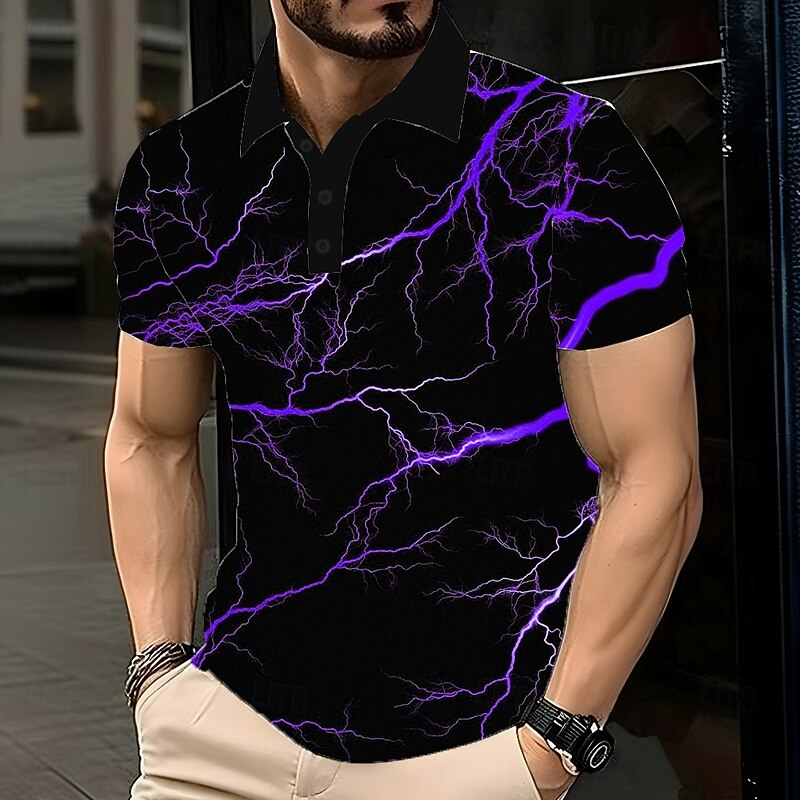 Men's Lightning Polo Short Sleeve Polo Shirts Lapel Casual Athleisure Daily Wear 3D Print Buttons Summer Blue Purple Green2