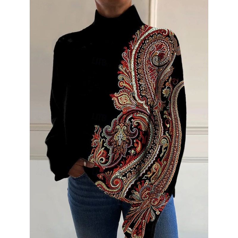 Women's Sweater Elegant Vacation Vintage Floral Graphic Geometric Turtleneck Print Long Sleeve Regular Tops Knit Daily Holiday Going out Black Pink Fall2