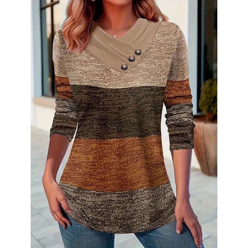 Women's T Shirt Graphic Geometric Vintage Stylish Classic Long Sleeve Crew Neck V Neck Regular Tops Daily Buttons Print Asymmetrical Blue Brown Spring Fall