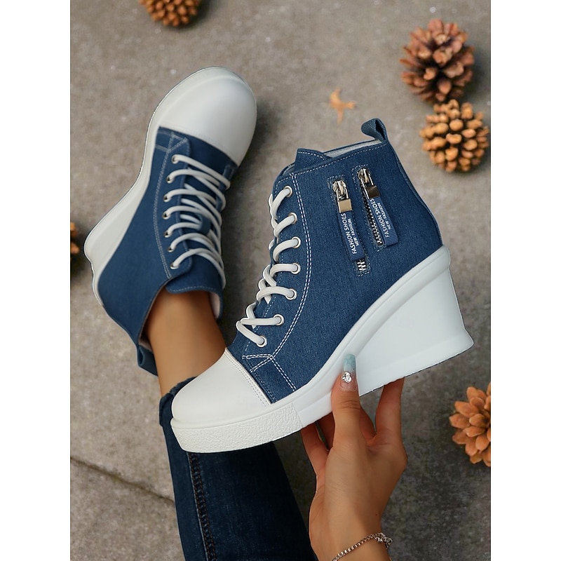 Women's Denim Wedge Sneakers with Lace-Up Front and Side Zipper, Casual High-Top Platform Shoes for Everyday Wear4