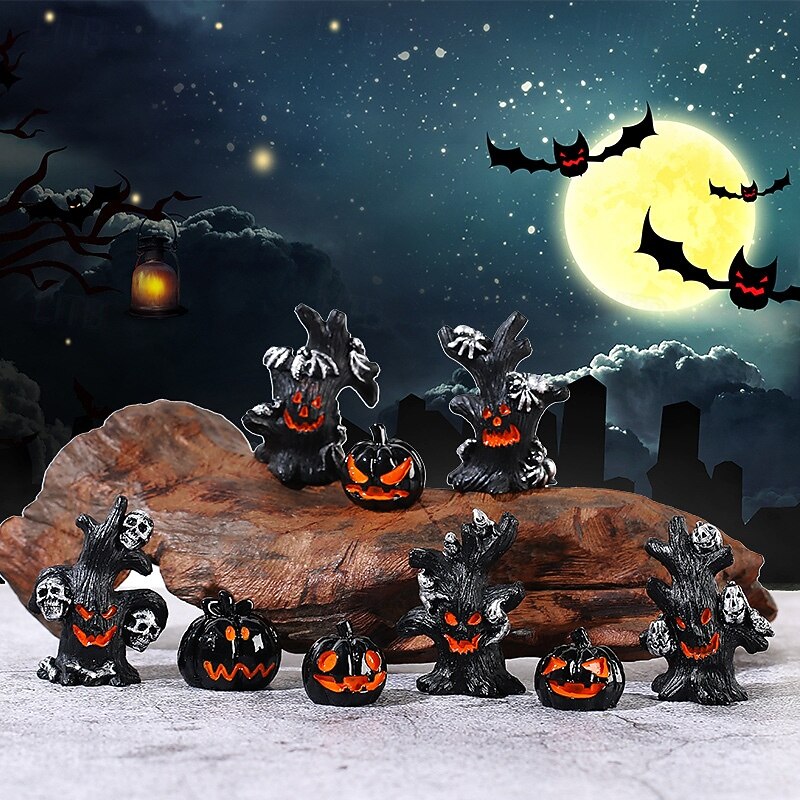 9pcs Halloween Tree Monster Micro Landscape Figurines, Spooky Pumpkin and Ghost Desktop Scene Decorations, Creepy Fairy Garden Accessories