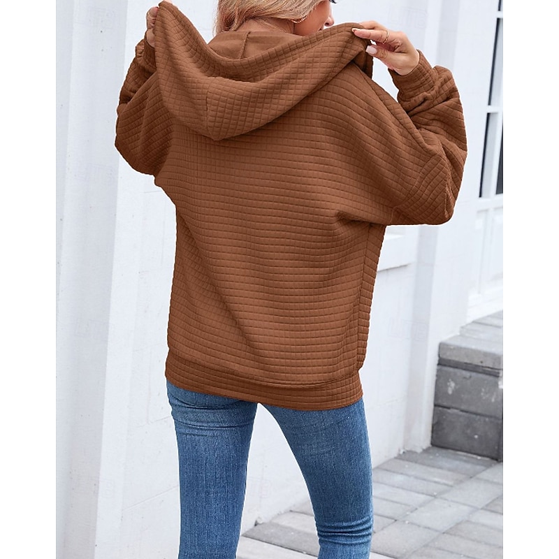 Women's Texture Sweatshirt  Hoodie Jacket Waffle Sweatshirt  Zipper Pocket Casual Plain Outdoor Street Holiday Daily Wear Zipper Regular Hooded Regular Fit Long Sleeve Outerwear Black Pink Brown Fall4