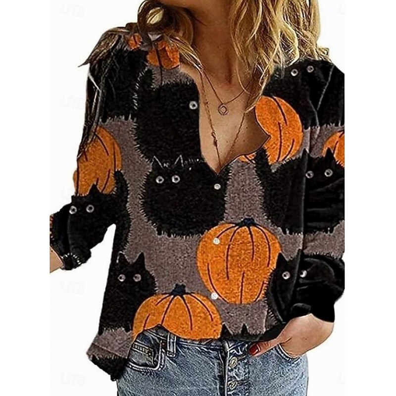 Halloween Women's Shirt Button Down Tunic Shirt Collar Long Sleeve Castle Graphic Pumpkin Witch Elegant Vintage Tropical V Neck Daily Holiday Print Black and gray Black Orange Spring Fall3