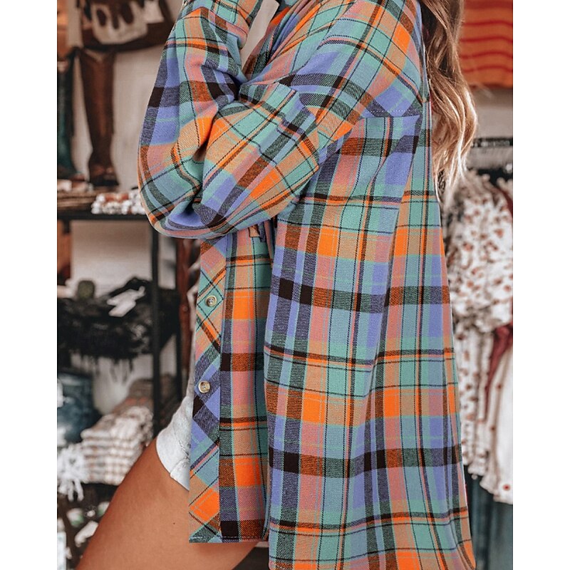 Women's Shirt Blouse Plaid Modern Casual Long Sleeve Shirt Collar Regular Tops Daily Holiday Going out Pocket Buttons Red Blue Fall3