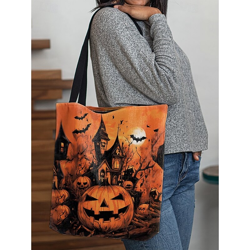 Women's Halloween Pumpkin Print Tote Bag – Large Capacity Polyester Shoulder Bag with Zipper Pocket, Spooky Gothic Style Handbag for Daily Use, Shopping and Holiday Parties4