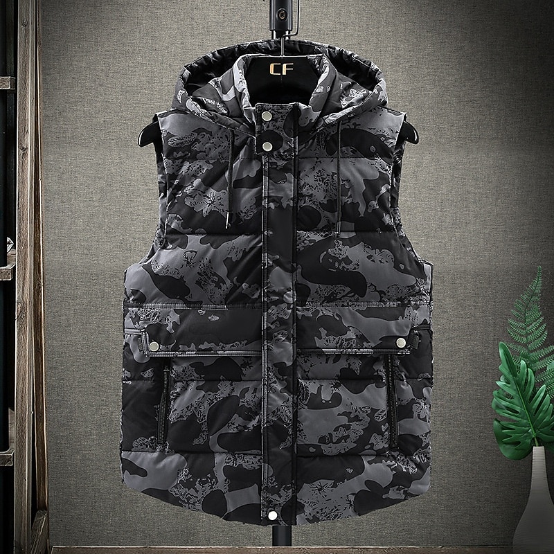 Men's Puffer Vest Vest Gilet Vacation Daily Date Fashion Casual Winter Pocket Polyester Warm Comfortable Solid Color Camouflage Zipper Hooded Regular Fit Black Dark Gray Beige Gray Vest2