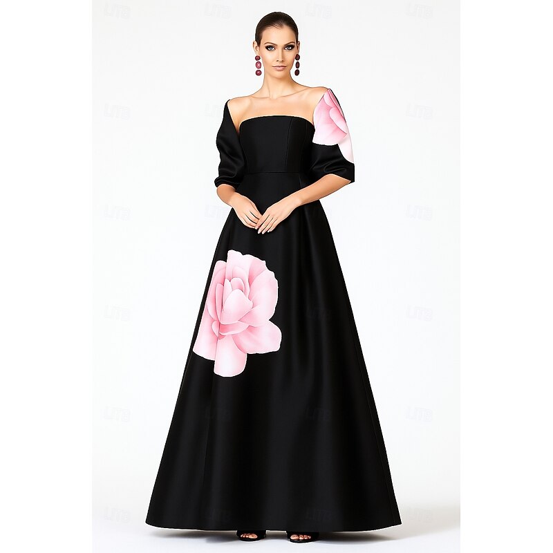 Red Black A-Line Evening Gown Elegant Dress Formal Wedding Floor Length Short Sleeve Strapless Pocket Satin with Floral Print Shawl 20254