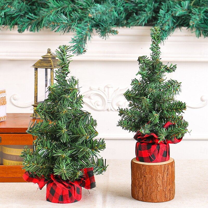 Christmas Mini Tree Tabletop Desktop Artificial Christmas Tree Xmas Decor Red Black Plaid Pine Needle Faux Tree for Holiday Party Window Display Festive Home Decoration Accessory2