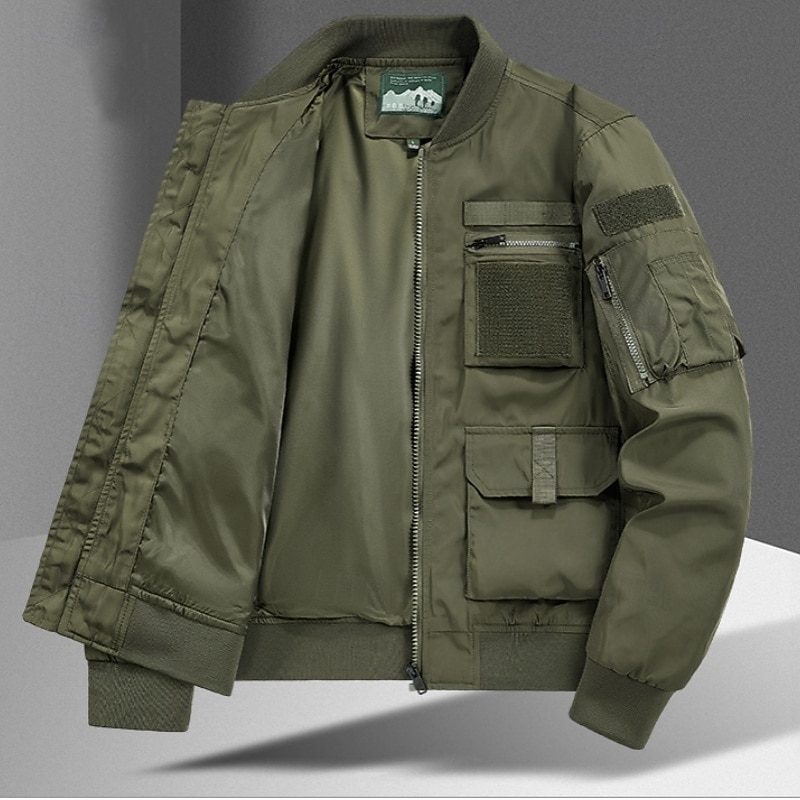 Men's Bomber Jacket Military Jacket Sport Coat Varsity Jacket Sports Outdoor Casual Waterproof Windbreaker Zipper Pocket Spring Fall Winter Solid Color Active Hooded Regular Black Navy Blue Khaki3