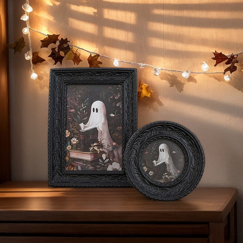 2PCS Halloween Ghost Resin Picture Frames with Ivy Pattern 3D Reading Ghost Design Home Decor for Halloween Party Bedroom Living Room