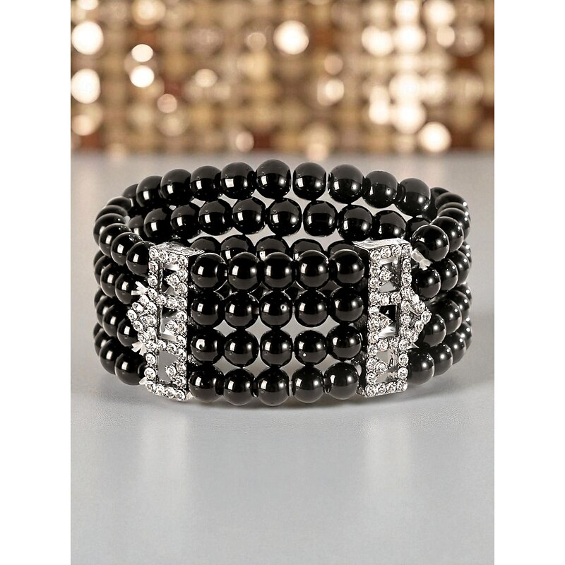 Women's Multi-Row Pearl Beaded Bracelet with Crystal Accents, Vintage 1920s Gatsby Style Jewelry for Cocktail Parties3