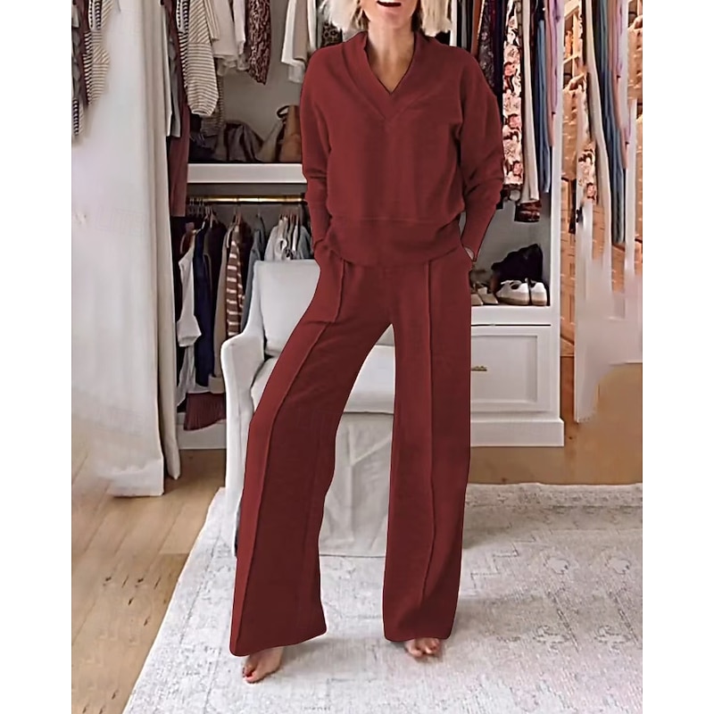 Women's Active Streetwear Blouse Pants Sets Long Sleeve V Neck Solid Color Outdoor Vacation Black White Pink Fall Regular Fit3